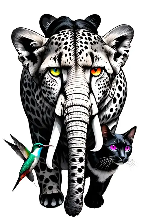 Cheetah with blue eyes, Elephant with yellow eyes, hummingbird with purple eyes, black cat with red eyes tattoo design idea