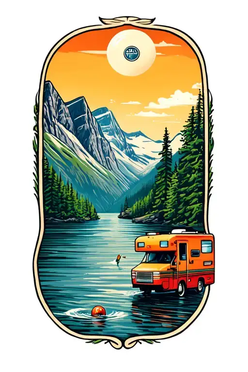  commemorating a trip to Norway frisbee golfing and visiting fjords in an RV, making sure to include frisbee golf basket tattoo design idea