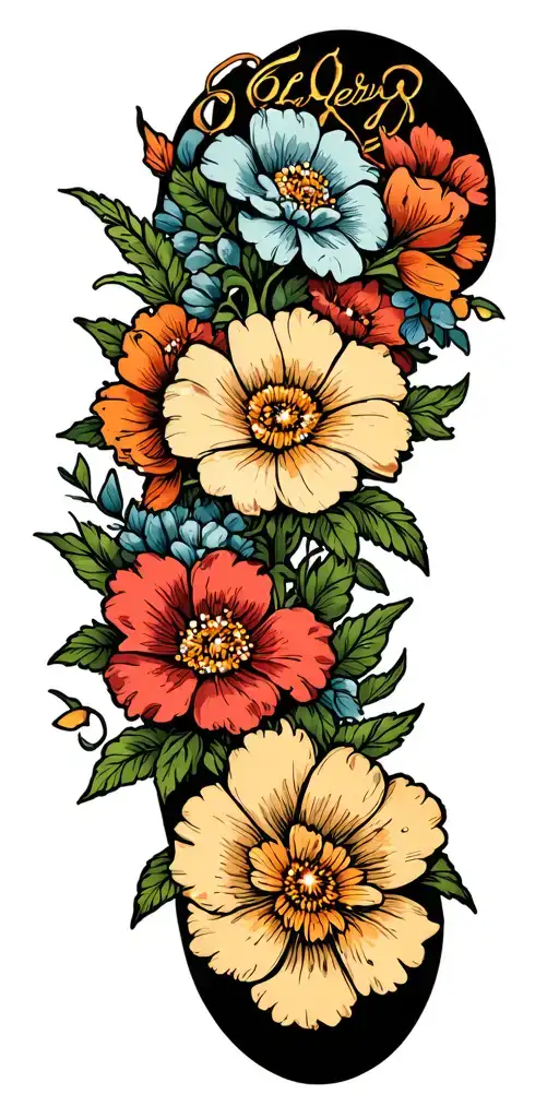 sailor Jerry floral sleeve small detailed flowers with lots of negative space filled withsmall twinkle embellishments.   tattoo design idea