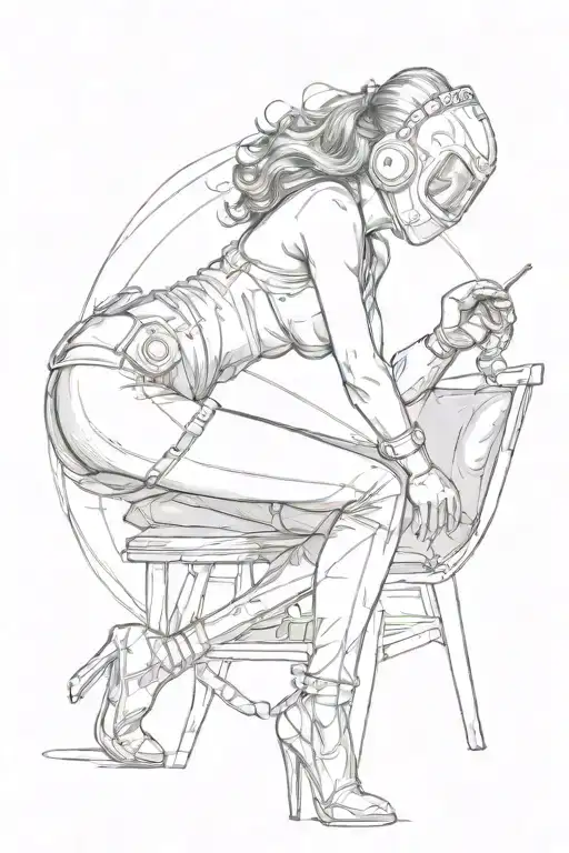sexy pin up donning welding mask and lingerie, big, round ass,  over on her knees using torch, she's very fit. not weird tattoo design idea