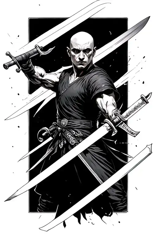 Levy Ackerman in a dynamic combat pose with branded swords. tattoo design idea