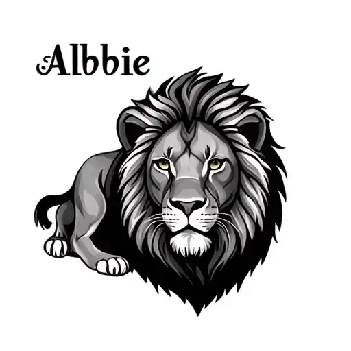 the name Abbie in cursive with a lion next to it tattoo design idea