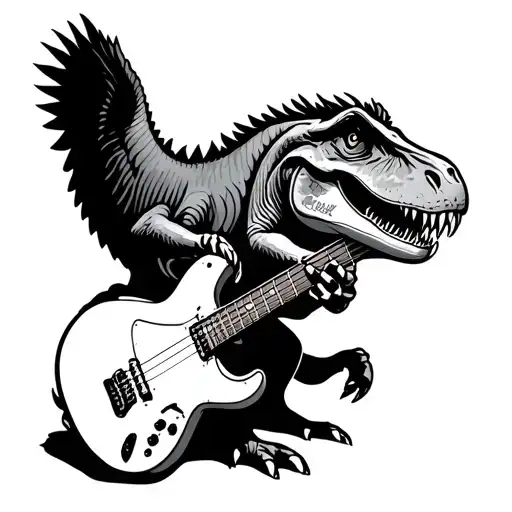 A dinosaur playing a gretsch falcon white guitar for a back of calf tattoo tattoo design idea