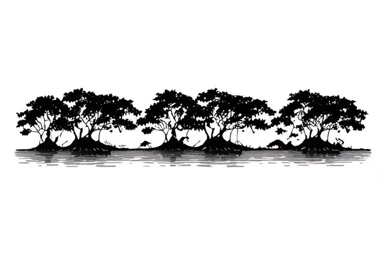 red mangroves in a row, accurate roots and leaves  tattoo design idea