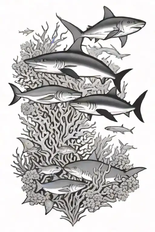 ocean with coral reef and sharks tattoo design idea