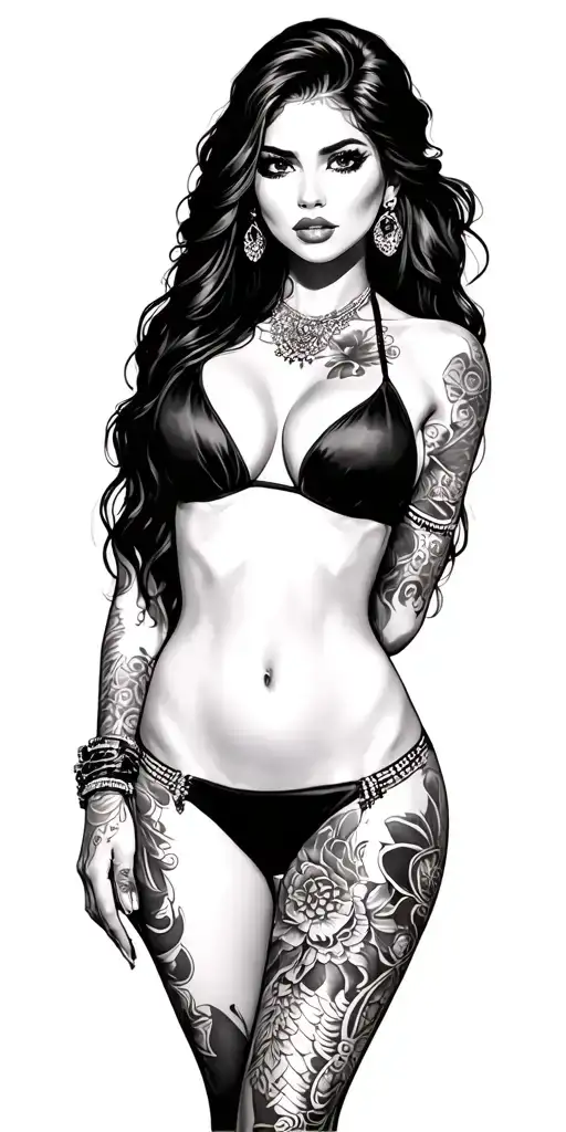 Sexy beautiful girl, petite, big boobs, wide hips, bikini . long hair,sexual. Seductive. Full Body,   tattoo design idea
