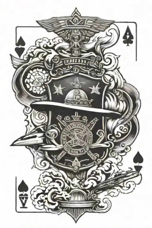 sheriffs badge, playing cards, smoke plumes, navy plane tattoo design idea