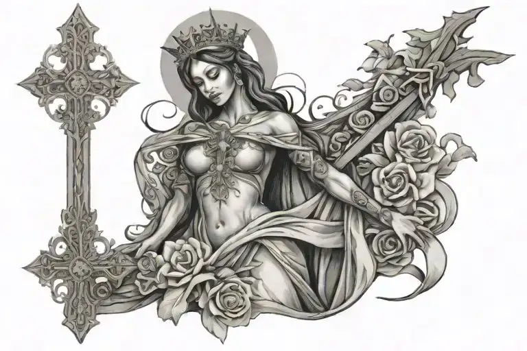 Esperanza imbedded into a cross with rosery arm sleeve tattoo design idea