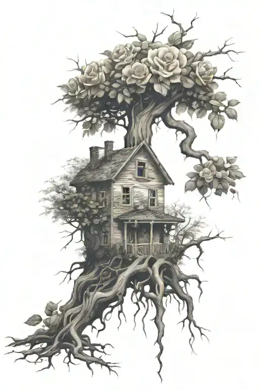 abandoned house, tree roots, roses tattoo design idea