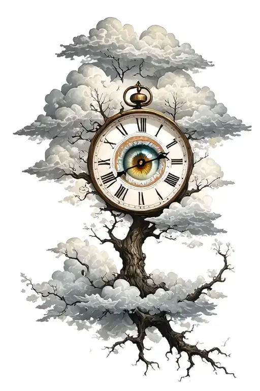 clouds eye clock life tree tattoo design idea
