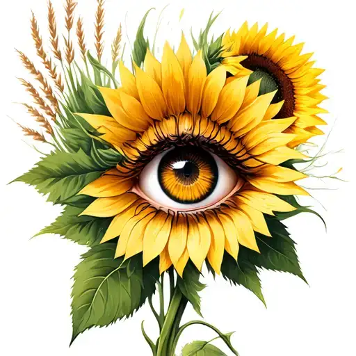 2 sunflowers tall grass and eyes in the middle surrounded tattoo design idea