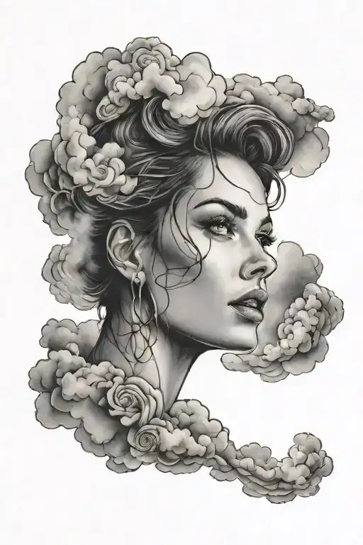 pretty woman's face surrounded by lighting and clouds tattoo design idea