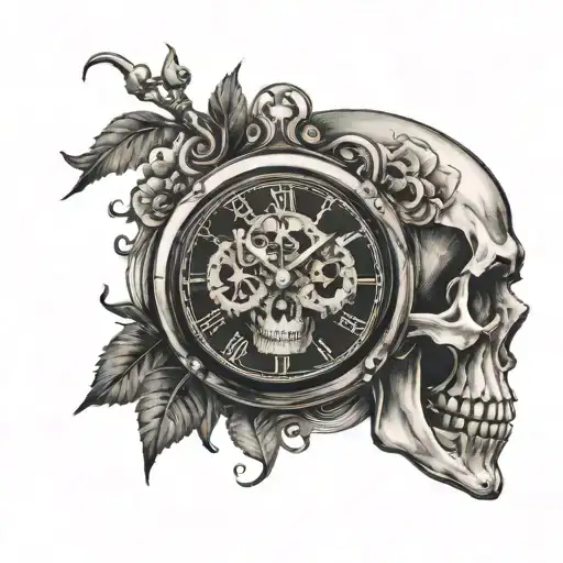 a tattoo where right side is a skull looking to the right and left side is a analog clock tattoo design idea