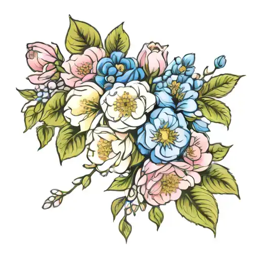 camellia, bluebonnet, apple blossom bouquet tattoo design idea
