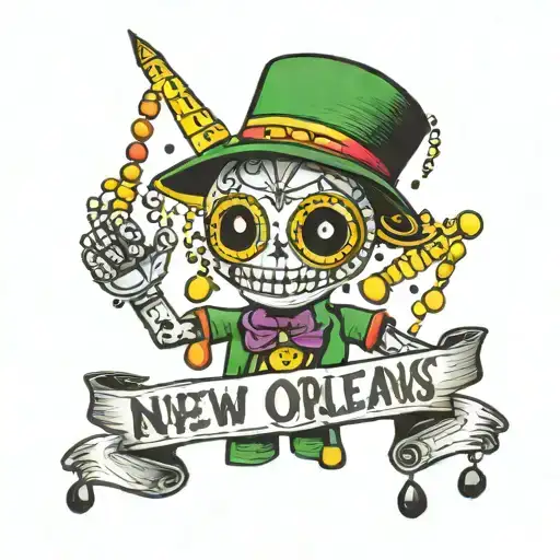 New Orleans voodoo doll under bourbon street sign with mardi gras beads tattoo design idea