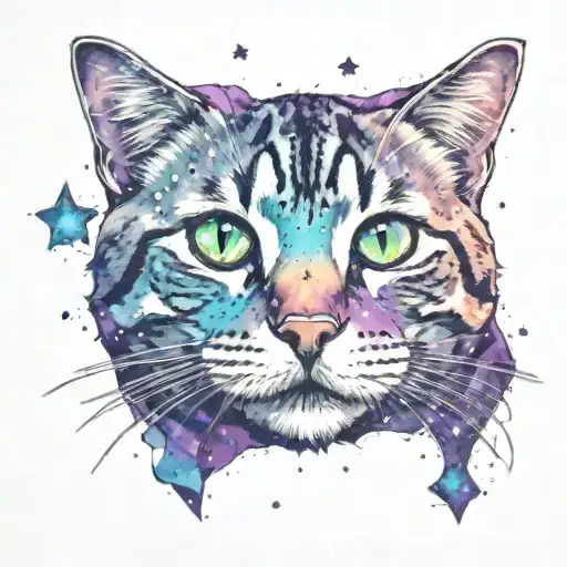 Skinny female tabby cat portrait, Galaxy, Stars, Space, Blue Green purple white black, spot on face, tattoo design idea