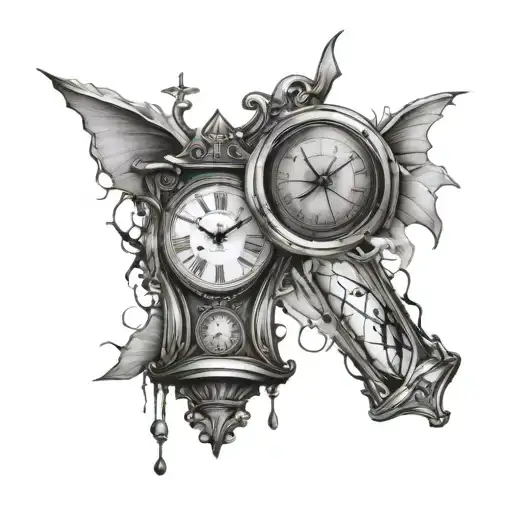 clock with cracks and hourglass tattoo design idea