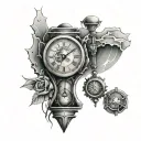 clock with cracks and hourglass tattoo design idea