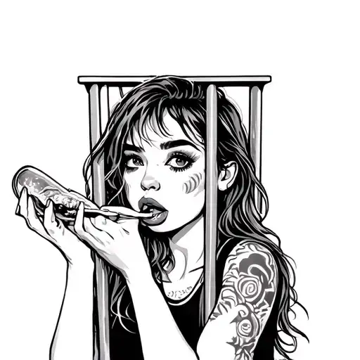 young woman eating apply behind prison bars tattoo design idea