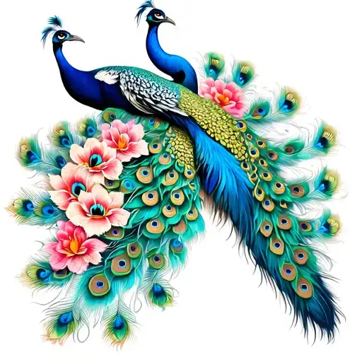 Highly detailed and realistic peacock tattoo design for back, full body of peacock with elegant, colorful feathers flowi tattoo design idea