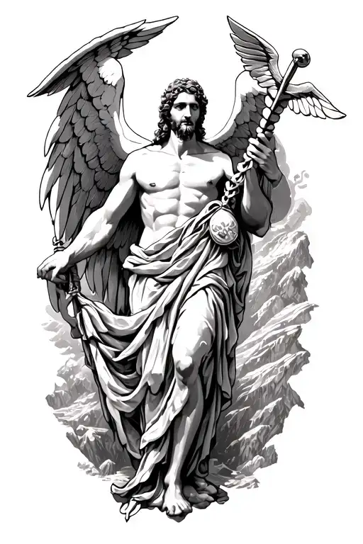 st Raphael holding a caduceus His body is covered mountain back drop tattoo design idea