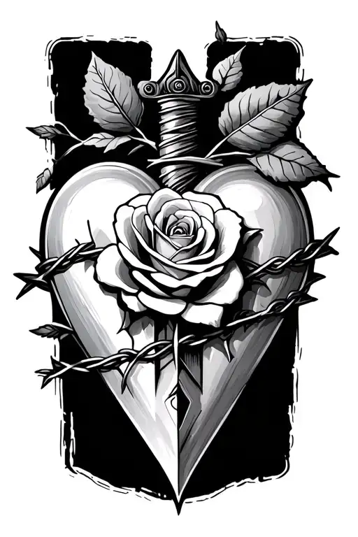 heartbroken dagger with a rose wrapped with barb wire  tattoo design idea