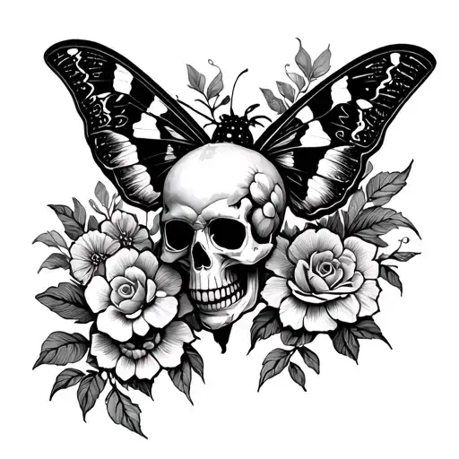 moth with skull and flowers tattoo design idea