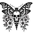 moth with skull and flowers tattoo design idea