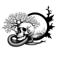 Blackwork chest tattoo: an open skull with a tree growing inside, a snake in ouroboros shape around it, a solar eclipse  tattoo design idea