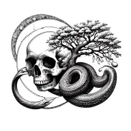 Blackwork chest tattoo: an open skull with a tree growing inside, a snake in ouroboros shape around it, a solar eclipse  tattoo design idea