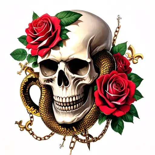 skull, roses, snake,heraldic fleur-de-lis and chains  tattoo design idea