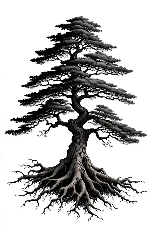 mountain ash tree with canopy and roots reaching deep tattoo design idea