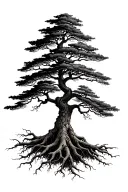 mountain ash tree with canopy and roots reaching deep tattoo design idea