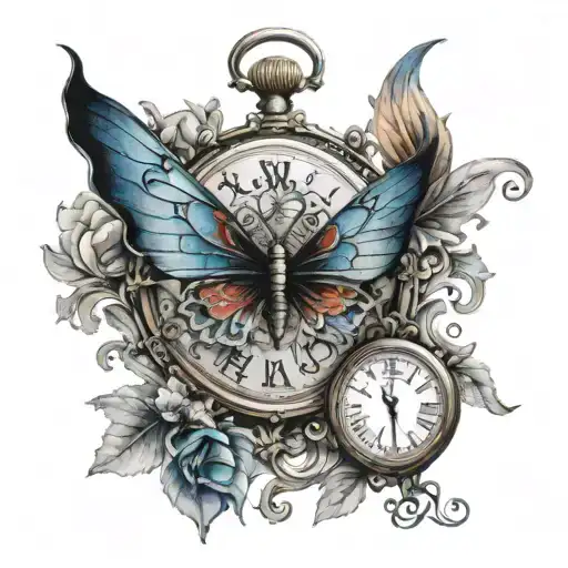 draw a tattoo on a man's forearm, a baroque watch without a strap, with a small 5 cm blue butterfly, red tones of fire s tattoo design idea