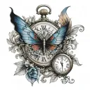 draw a tattoo on a man's forearm, a baroque watch without a strap, with a small 5 cm blue butterfly, red tones of fire s tattoo design idea