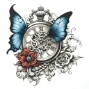 draw a tattoo on a man's forearm, a baroque watch without a strap, with a small 5 cm blue butterfly, red tones of fire s tattoo design idea