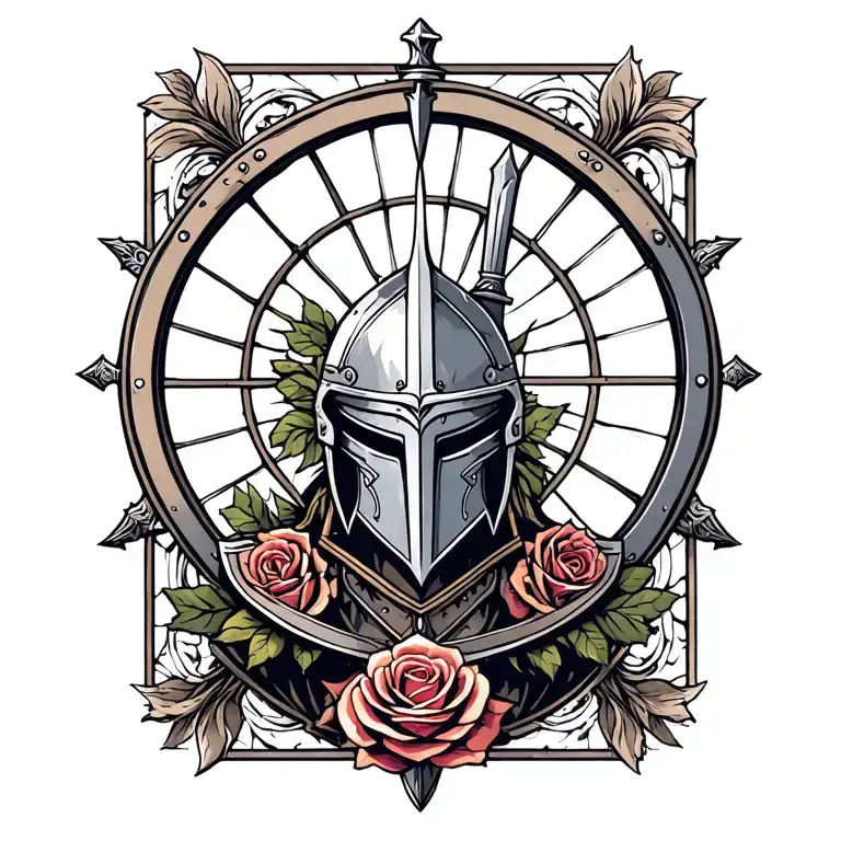 strength courage faith , god warrior with helmet sword shield rose window on armor  tattoo design idea