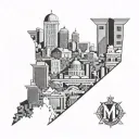 Baltimore city Skyline overlapped by The letter M tattoo design idea