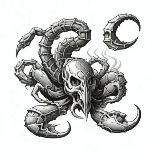 make a scorpion with a skull or bones, desert elements behind it. maybe even flames or abstract shapes. tattoo design idea