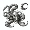 make a scorpion with a skull or bones, desert elements behind it. maybe even flames or abstract shapes. tattoo design idea