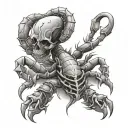 make a scorpion with a skull or bones, desert elements behind it. maybe even flames or abstract shapes. tattoo design idea
