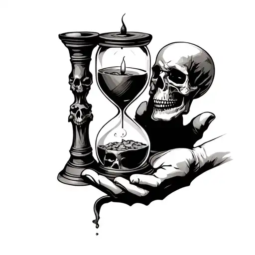 a hourglass, the sand becomes skulls when falling. a eskeletical hand holding it from the bottom and a gothic candle  tattoo design idea