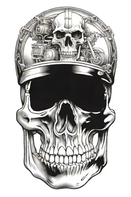 viking skull with a train and harley davidson in the background  tattoo design idea