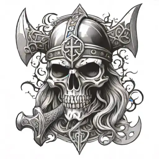 viking motif with the hammer of god Thor, lightning bolts, ravens, skulls tattoo design idea