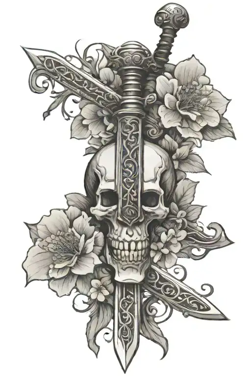 sword with 3 skulls and cherry blossoms   tattoo design idea