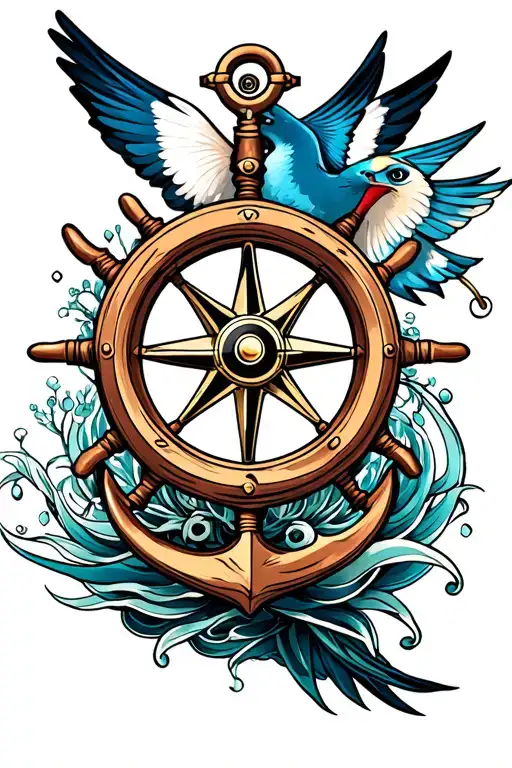 ships wheel anchor compass swallow bird tattoo design idea