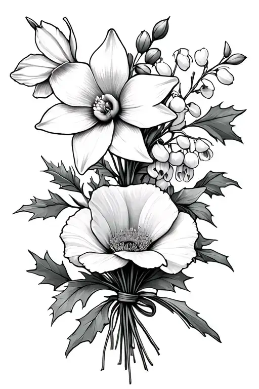 SMALL BOUQET OF FLOWERS INCLUDING ONE DAFFODIL, ONE HOLLY TREE, ONE LILLY OF THE VALLEY, AND ONE POPPY TIED TOGETHER  tattoo design idea