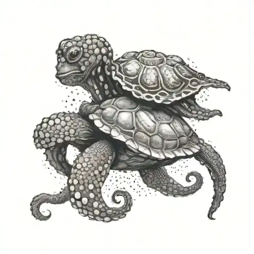 an octopus clinging to the shell of a turtle chasing a jellyfish over coral reefs tattoo design idea