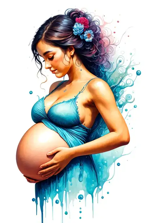 a beautiful feminine woman pregnant with baby and placenta water color  tattoo design idea