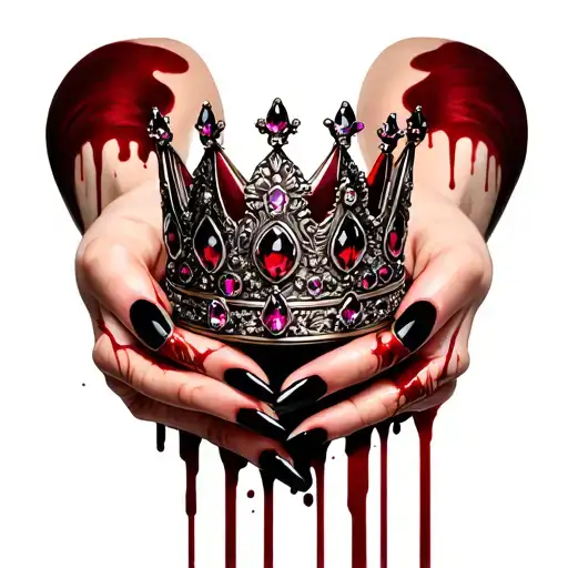 a woman’s hands Covered in blood with black stiletto nails holding an elaborately jeweled crown. tattoo design idea